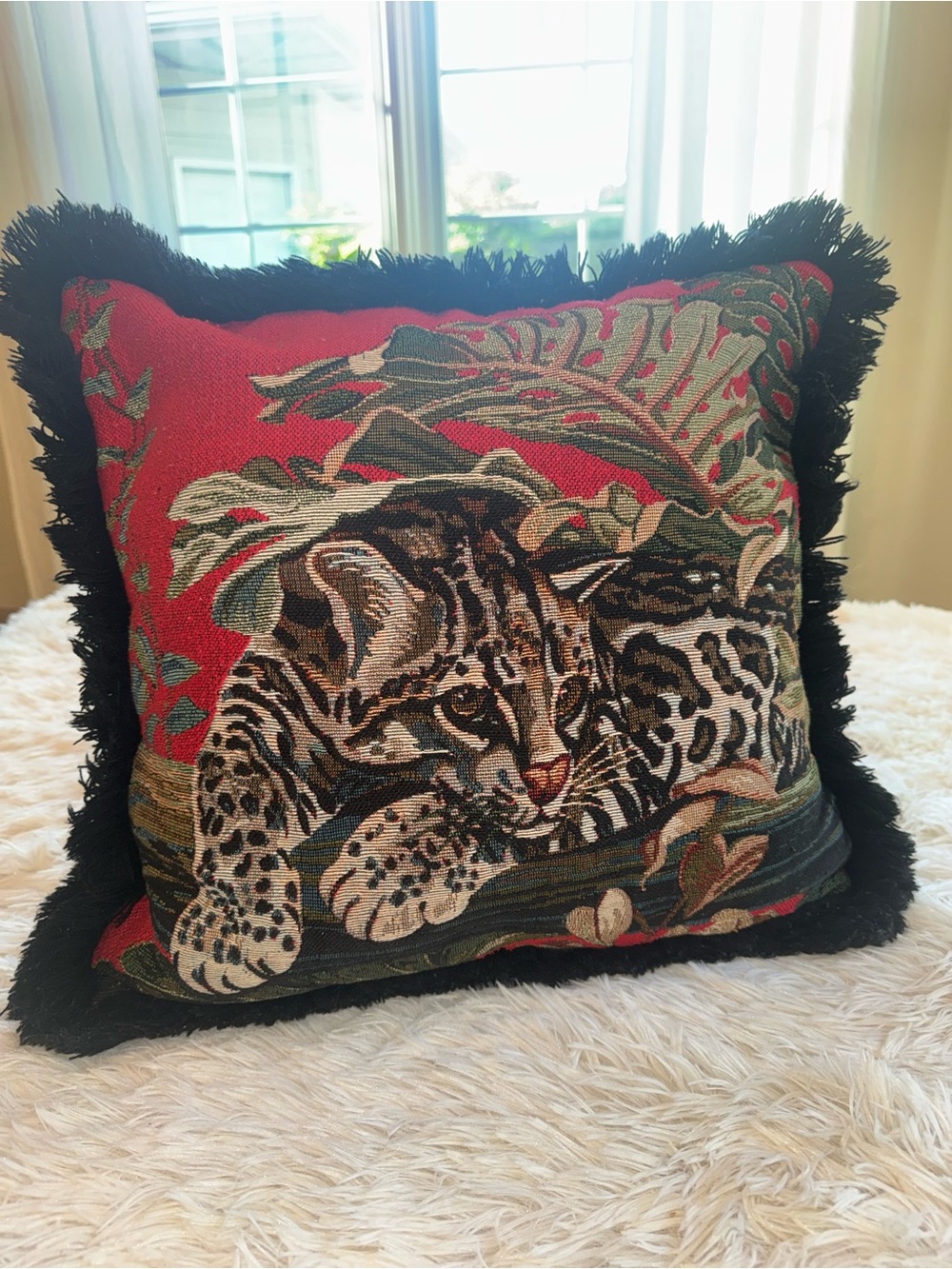 Vintage Tapestry Throw Pillow with Black Fringe